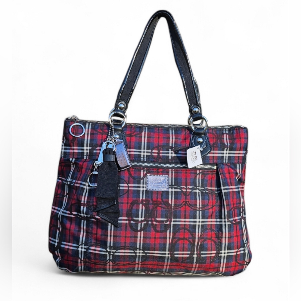 Coach Red Plaid Shoulder Bag with Navy and White Accents